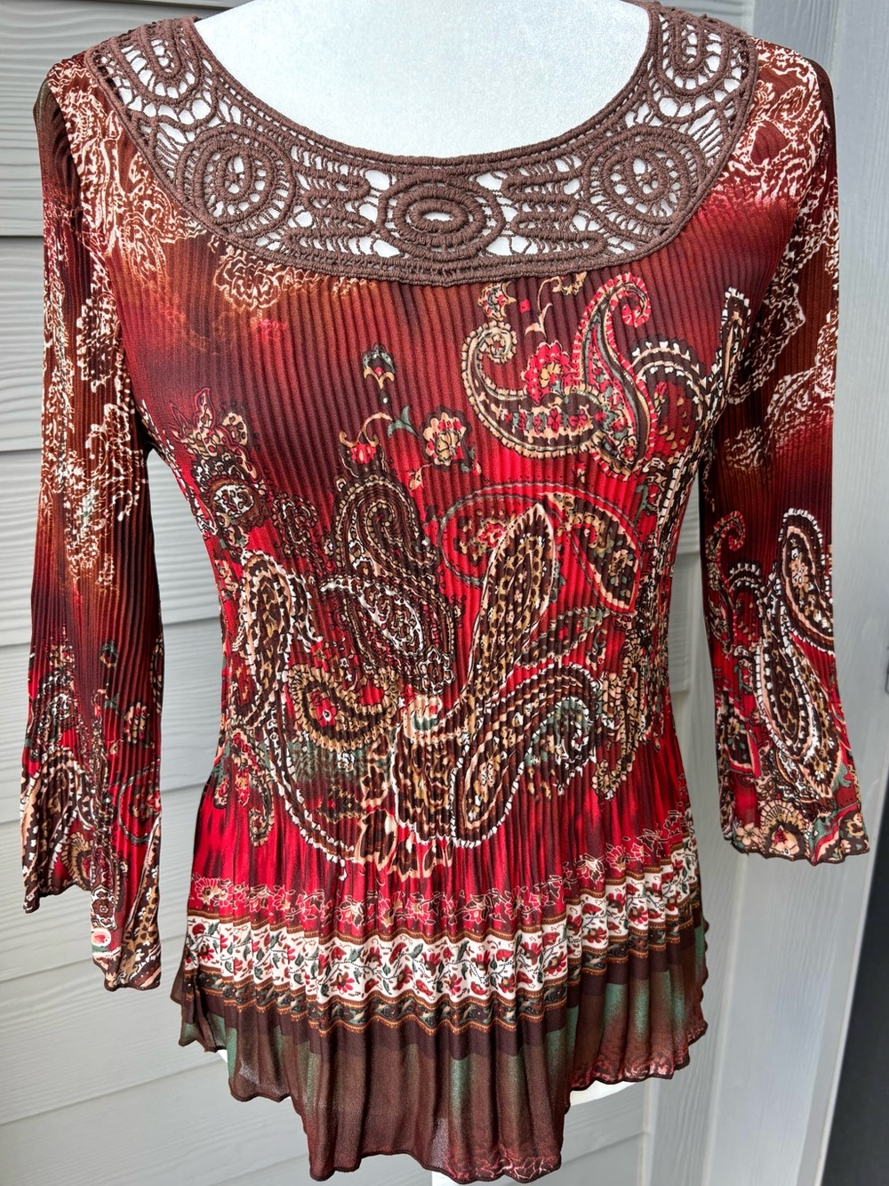 Boho Paisley Pleated Crochet Lace Top Y2K Earthy Blouse